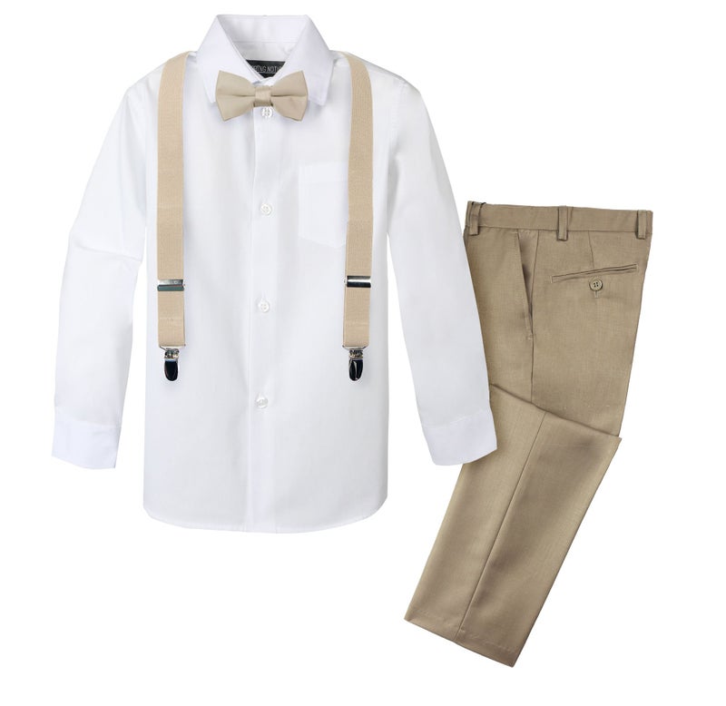 Spring Notion Boys' 4-Piece Suspender Outfit Tan & White Set w/Champagne Suspenders 12 - Image 2